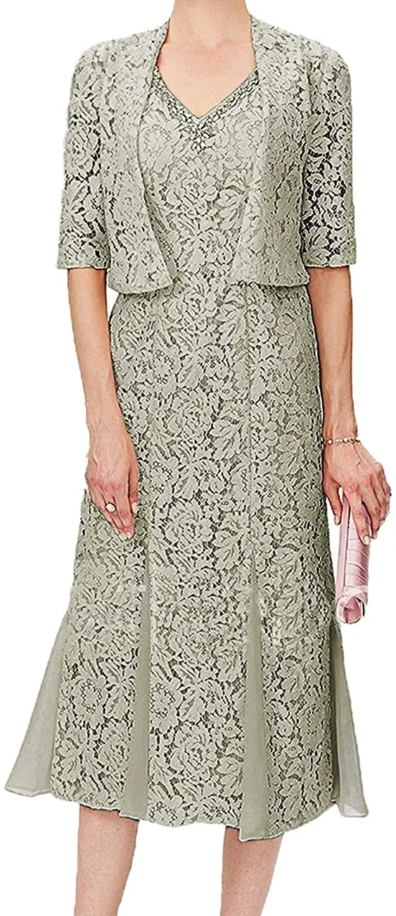 

Tea Length Mother of The Bride Dresses Lace Evening Formal Dress Half Sleeve V Neck Jacket Mother of The Bride Dress