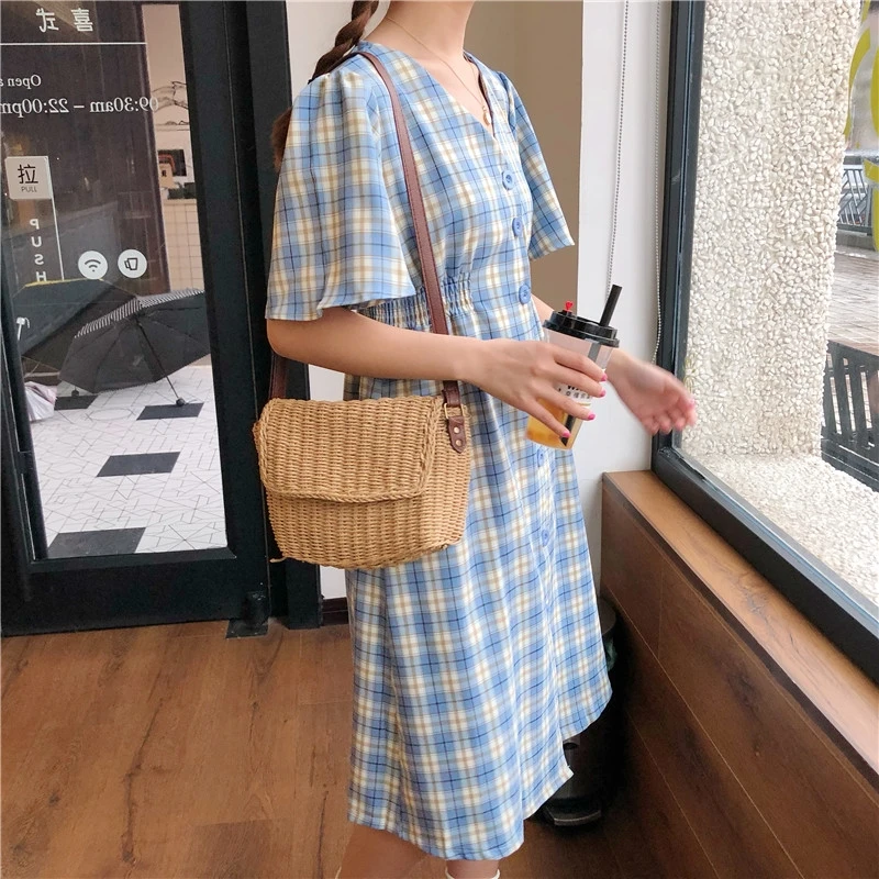 Платье женское клетчатое с V образным вырезом и коротким рукавом|Женские платья| |