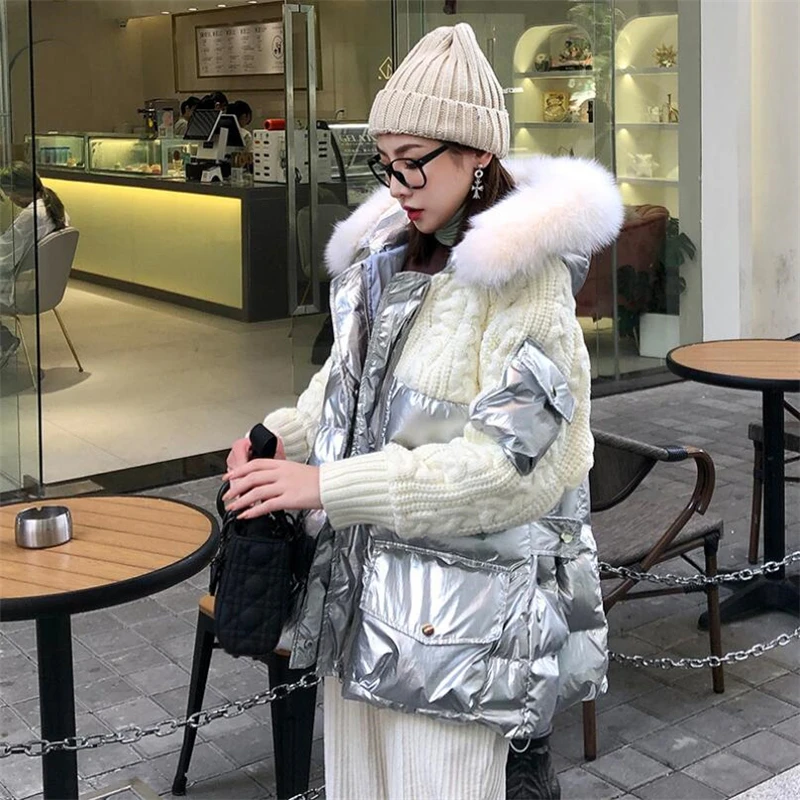 Женские пуховые парки свитер стеганый пуховик из лисьего меха женское
