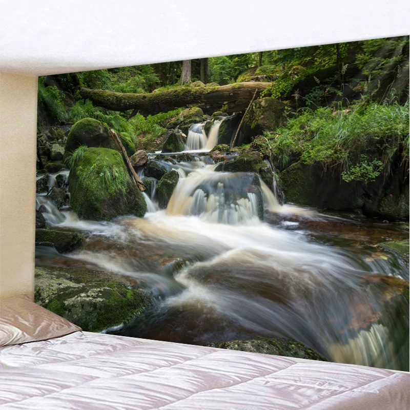 

Woods tapestry green forest pebbles waterfall creek tapestry covered rock living room bedroom wall hanging