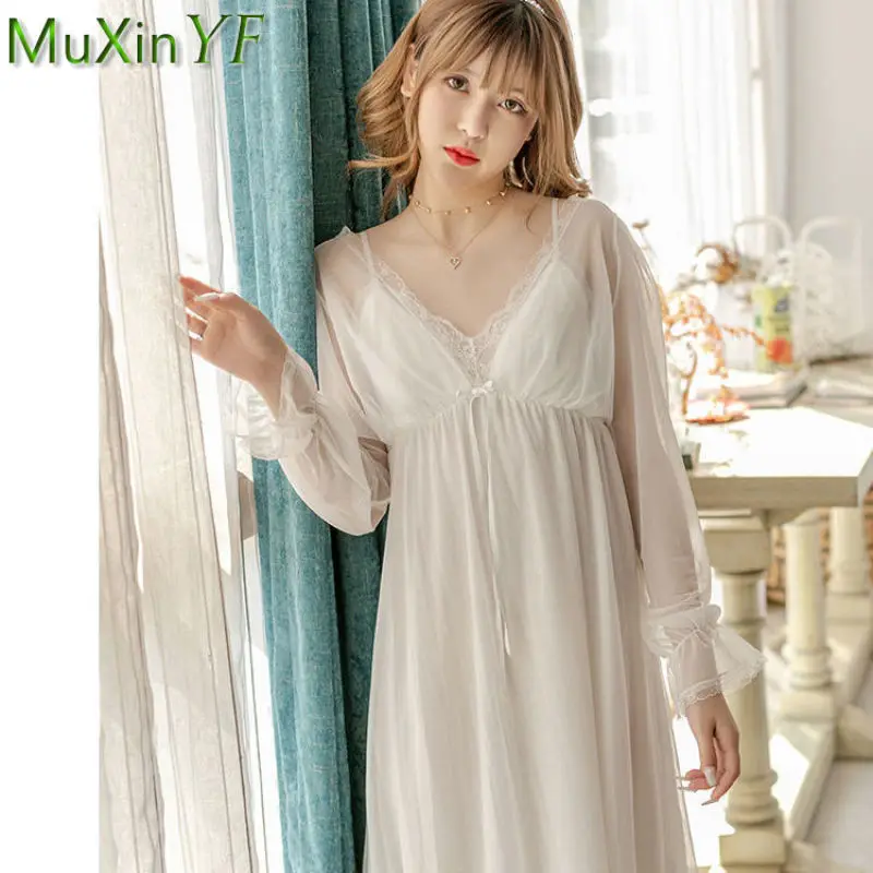 Summer Dress Women Sexy Lace Nightdress Pajamas Summer Long Can Drop Shoulders Two Wear Temptation Sleepwear Pijamas Homewear