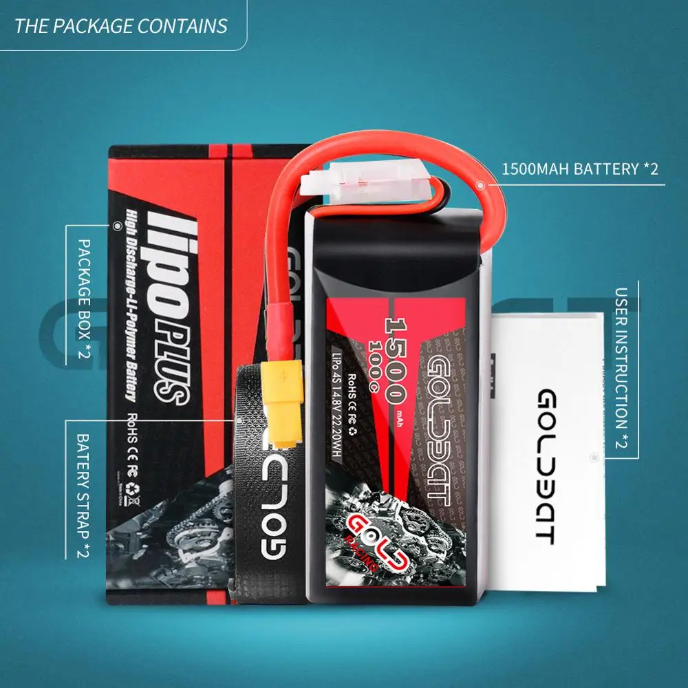 

2UNITS GOLDBAT 4S Lipo Battery 1500mAh 100C 14.8V lipo Pack with XT60 Plug for Drone FPV RC Car Truck Airplane RC Racing