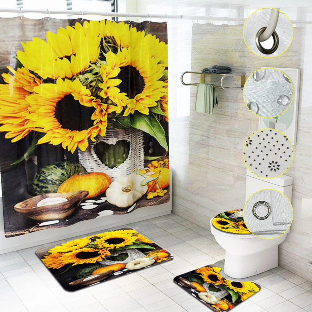 Sunflower print blackout shower curtain ground mat toilet anti-skid suction carpet four-piece suit Home Decorations gift | Дом и сад