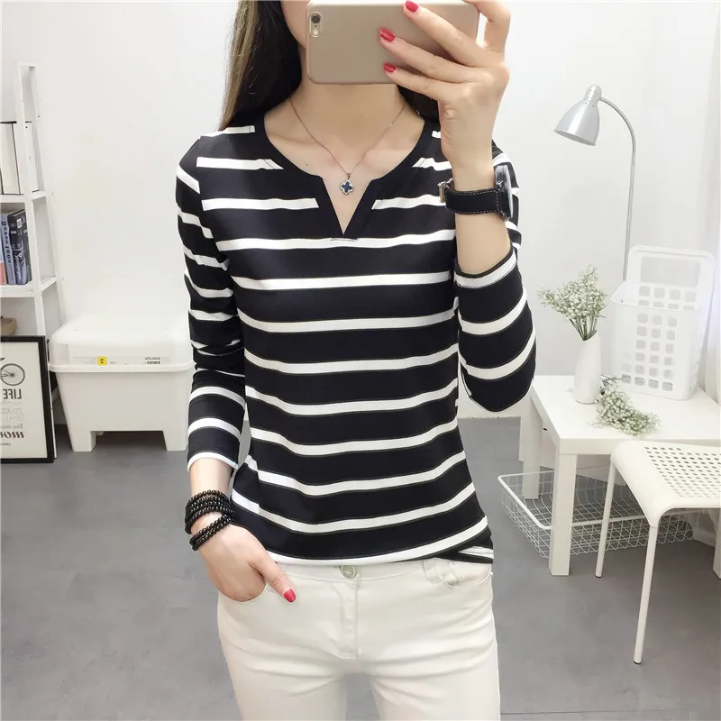 

Temperament Striped Women's Long-Sleeved T-Shirt 2021 New Autumn V-Neck Korean Style Slim-Fitting Ladies Casual Top