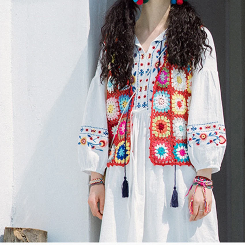 Жилет женский вязаный крючком с цветочным рисунком ретро пиджак без рукавов