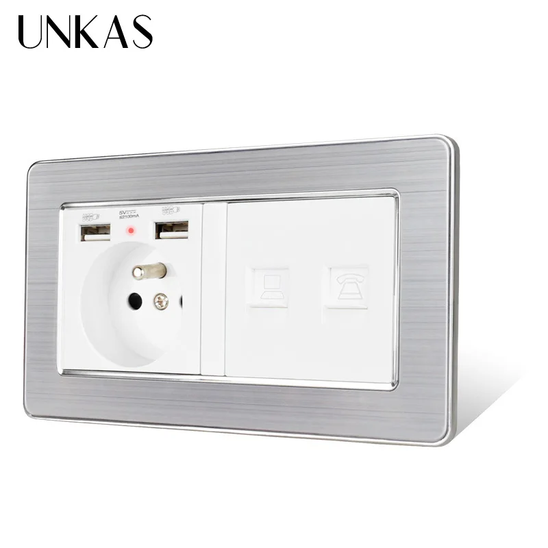 UNKAS Нержавеющая сталь Панель французская Розетка с двойным USB зарядка Порты и
