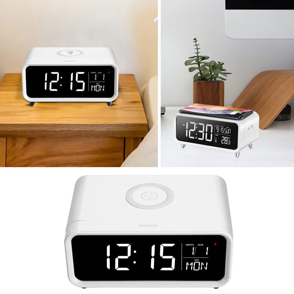 

High Definition Wireless Charger With Digital LCD Diaplay Colorful Night Light USB Charging Port Snooze Fast Wireless Charging