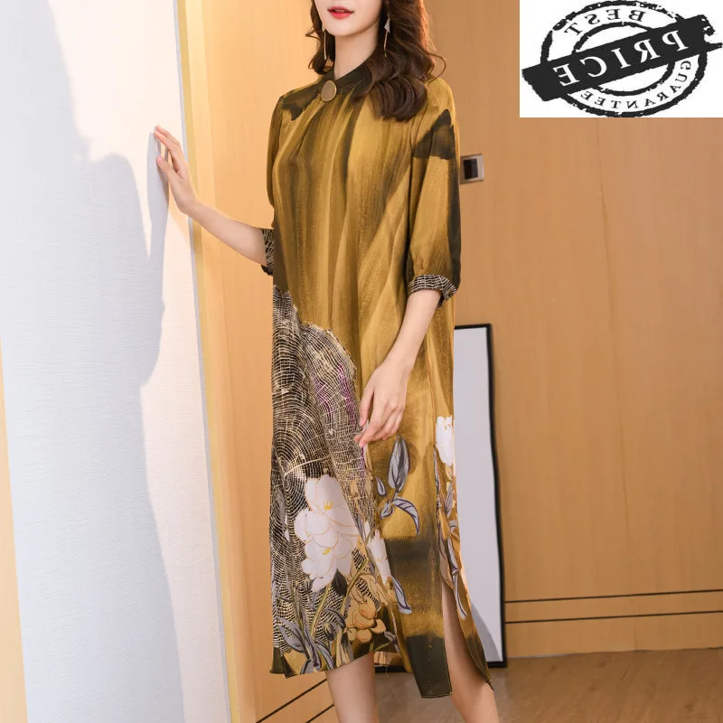 

2021 New High Quality Vintage Summer Real Silk Dress Women Spring Floral Long Vestidos Elegant Beach Party Dresses Ss2001