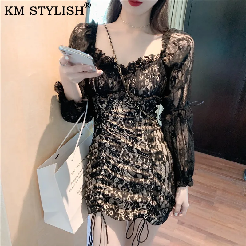 Женское кружевное платье в стиле ретро черно-белое цельное с длинными