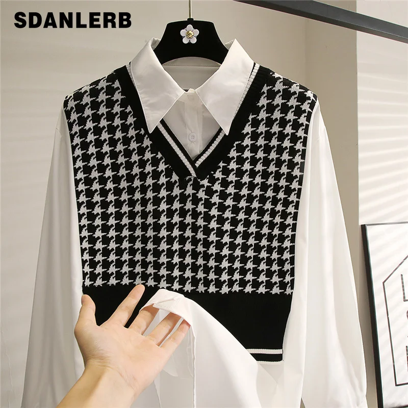 

Трикотажный жилет с рисунком «гусиная лапка», рубашки из двух частей с вышивкой, женская одежда, Новинка осени 2021, подходящая ко всему верхн...