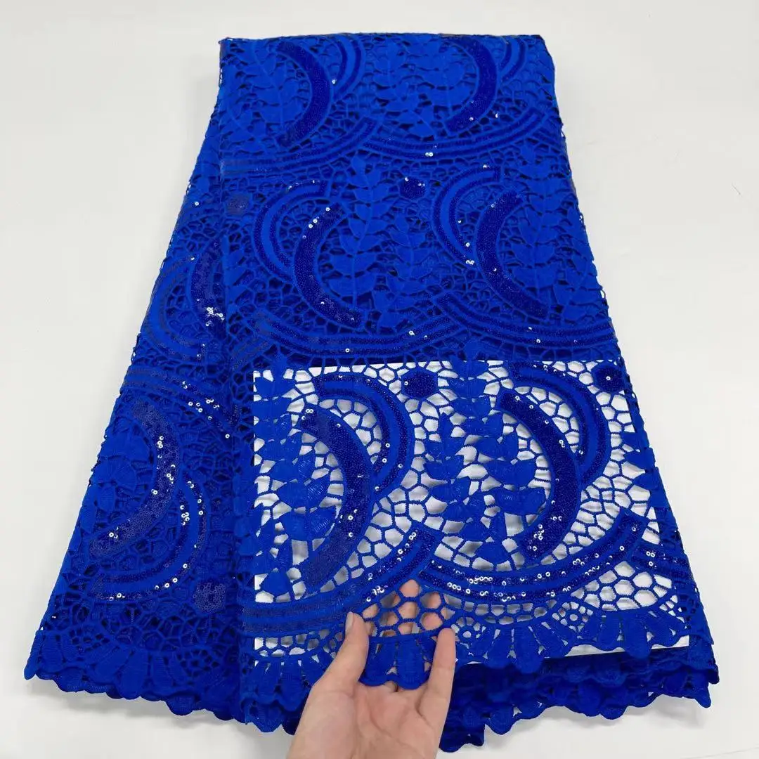 

2021 Royal Blue High Quality Guipure Cord Fabric African Mesh Lace Fabric Nigerian Water Soluble Fabric Sequins For Women Dress
