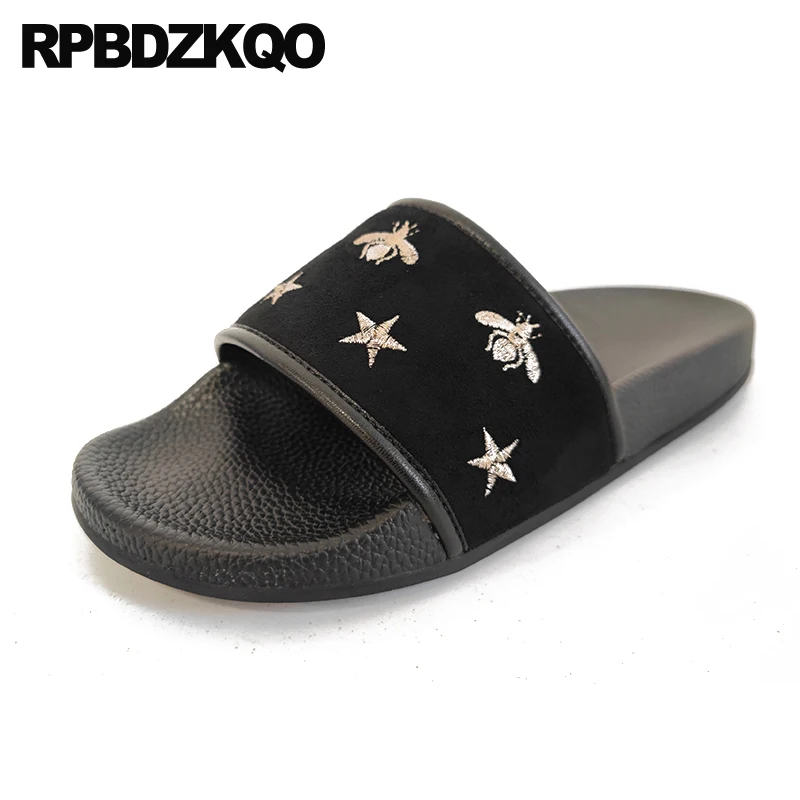 

широкая посадка пушистый мягкий дамы слайды вышивка женские сандалии плоские случайные лето мех синий черный весна обувь 2018 надевать Лето ...