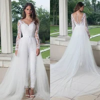 long sleeve jumpsuit wedding dresses with detachable train 2021 lace appliques tulle pants suit bridal gown button back elegant