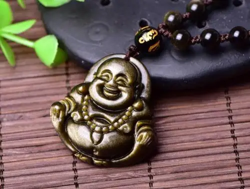 LETSFUN Fine Jewelry натуральный Золотой обсидиан камень Будда Шарм Подвеска Дзен