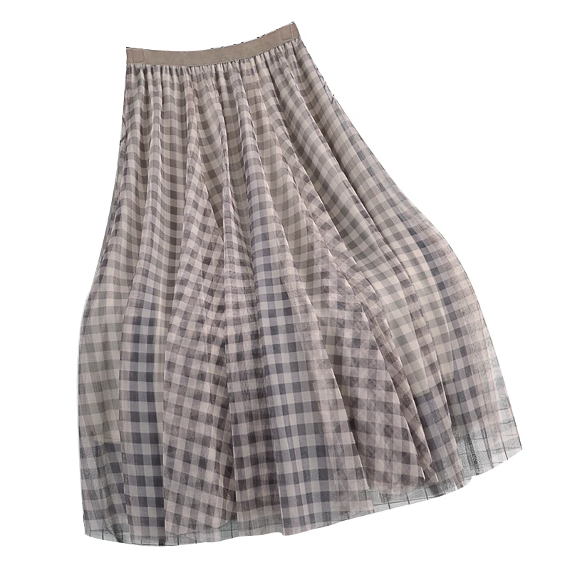 

2021 Spring Summer New Elastic Waist Thinner Mid-Length Contrast Color Plaid Double-Layer Gauze Large Swing Skirt Female