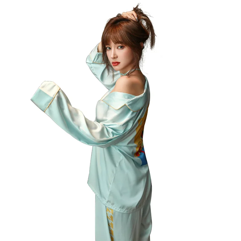 

Pyjama Women's Thin Ice Silk Long-sleeved Trouser Suit Simulation Silk Pajamas for Women Loungewear Women Sleep Wear