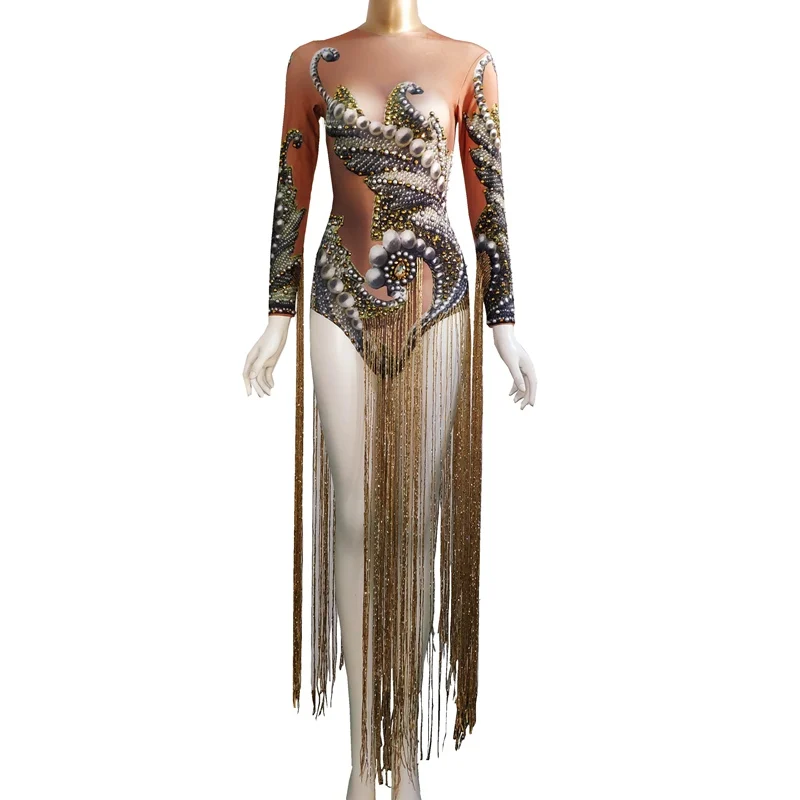 

Rhinestones Pearls Gold Fringes Bodysuit Female Singer DJ Nightclub Show Outfit Tassel Leotard Stage Performance Dance Costume