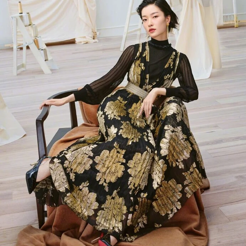 

2020 Fall New Style Retro Ethnic Print V-Neck Slim-Fit Pleated Dress Long-Sleeved Black Stretch Sweater Women'S Two-Piece Suit