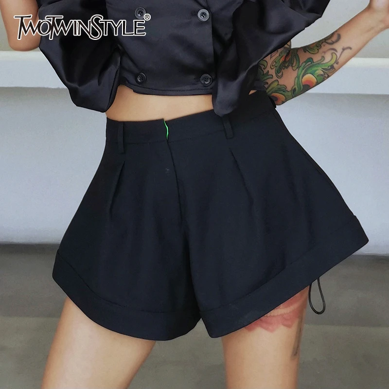 

TWOTWINSTYLE Drawstring Patchwork Casual Short For Women High Waist Hit Color Loose Wide Leg Shorts Female Fashion New Clothes