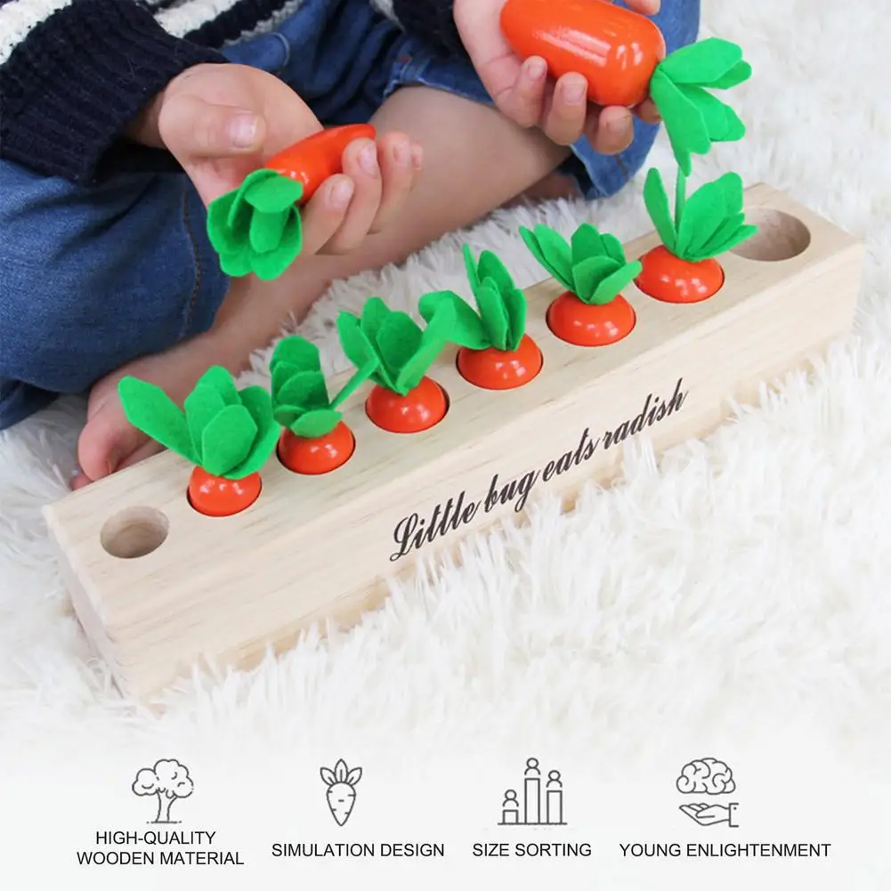 

Baby Montessori Toys Wooden Block Happy Farm Pulling Carrot Shape Matching Size Cognition Montessori Educational Toy Gift Kids