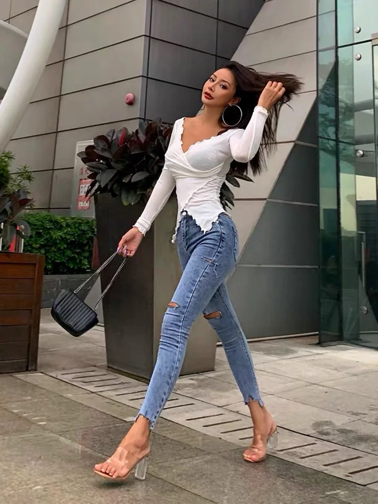 Топ XIBANI женский тонкий с V образным вырезом пикантная облегающая футболка