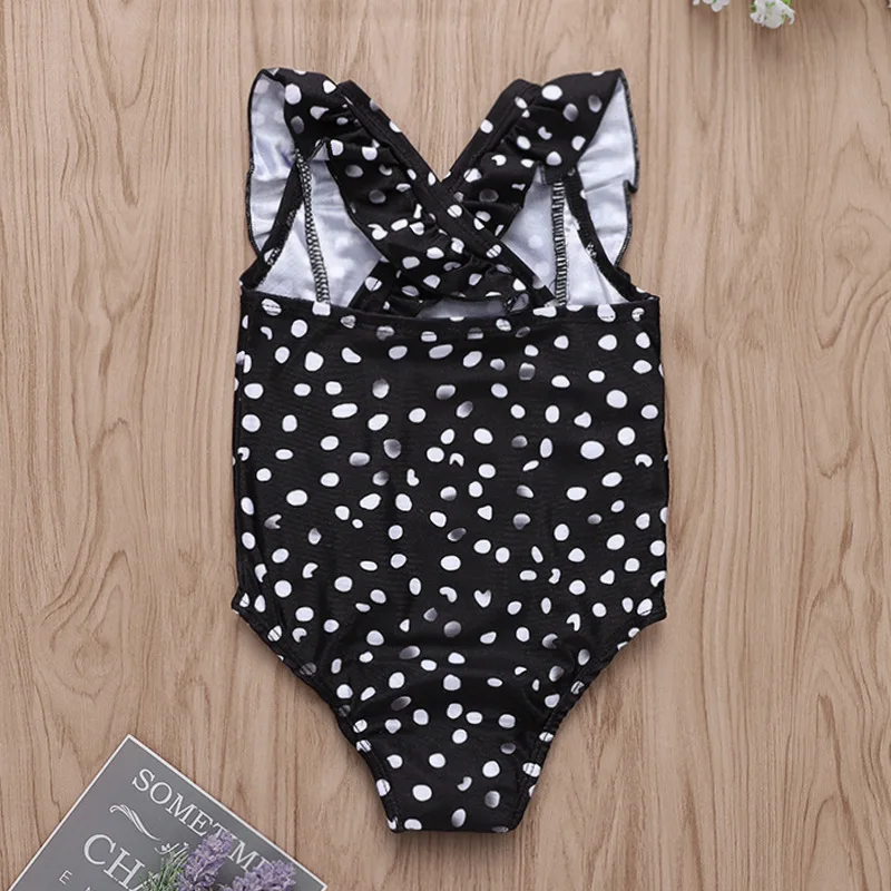 Пляжное боди в горошек для девочек черное без рукавов с открытой спиной малышей