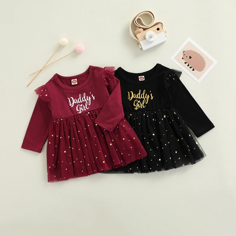 

Baby Girls Dress Dad's Girl Letter Print Five-Pointed Star Pattern Ruffle Long Sleeve Mesh Tulle A-line Dress Spring Clothing