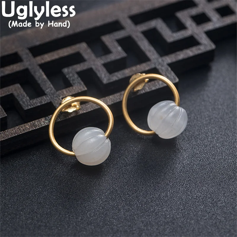

Uglyless Spinning Pumpkin Shaped Jade Studs Earrings for Women Natural Gemstones Jewelry Hollow 925 Silver Circles Brincos Gold
