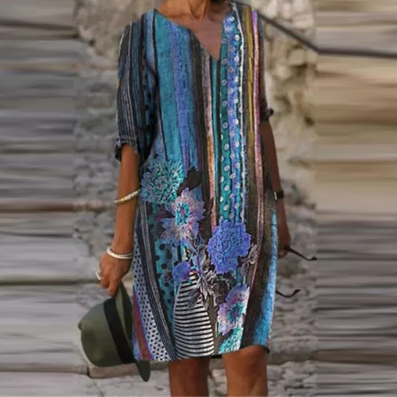 

Elegant V Neck Loose Ladies Midi Dress 2021 Vintage Floral Print Party Dress Spring Sexy Half Sleeve Women Party Dress Vestidos