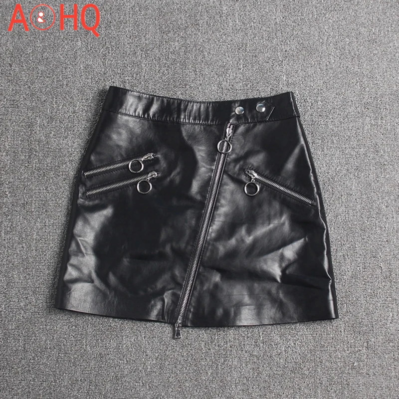 

2021 Fashion Women Slim Real Leather A-line Skirt 4 Zippers Genuine Leather Mini Skirts 100% Sheepskin Streetwear Skirt Female