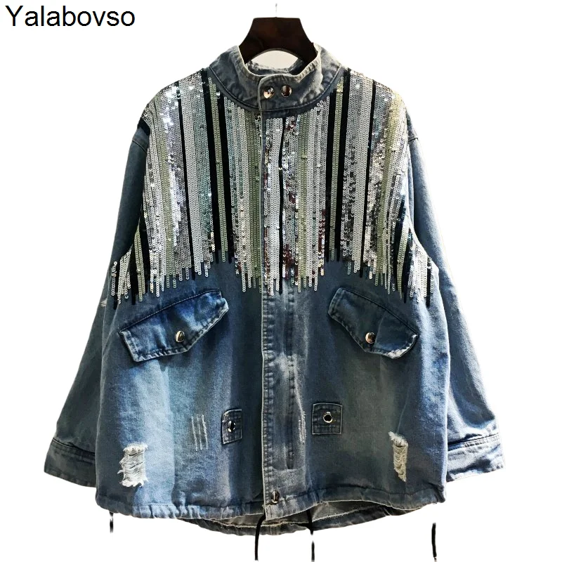 

Autumn New Oversize Medium And Long Loose Beaded Large Size Sequin Zipper Denim Jacket For Women Streetwear Coat Chaqueta Mujer