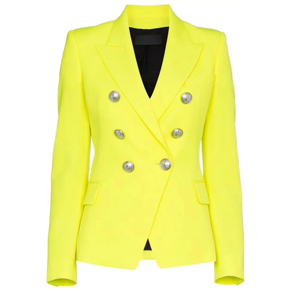 

New Designer Yellow Blazer Women Classic Silver Double-breasted Button Work Office Lady Formal Women Blazers High Quality
