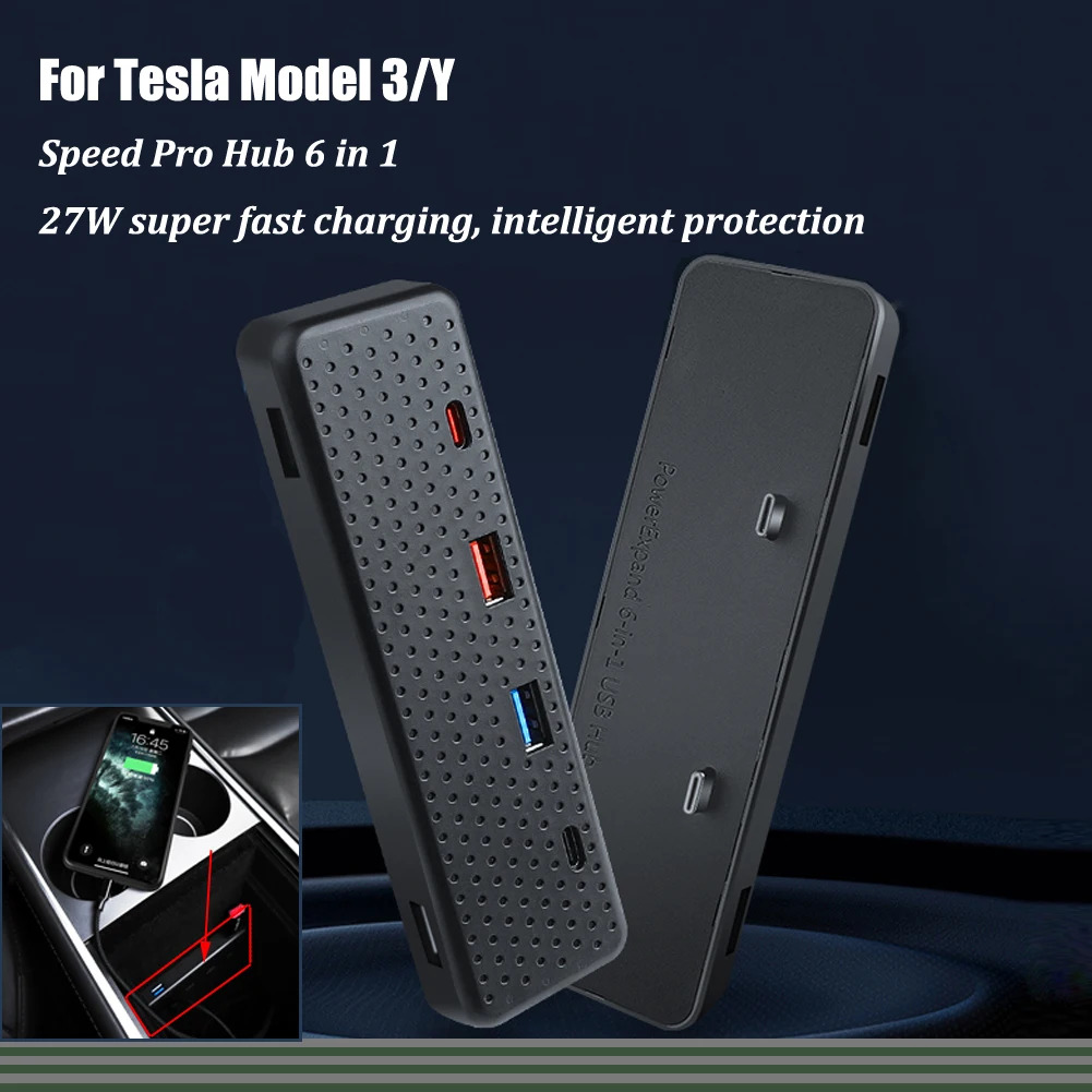 USB Splitter Hub For Tesla Model 3 Y 2021 2022 Charging USB Splitter 6 in 1 Port,Docking Station USB Hub Cable Charger Extension