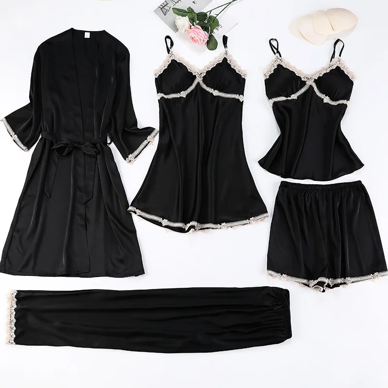 

5 Pieces Satin Sleepwear With Chest Pad Winter Women Pyjamas Sexy Lace Trim Nightwear Lounge Pijama Silk Night Pajama Suit