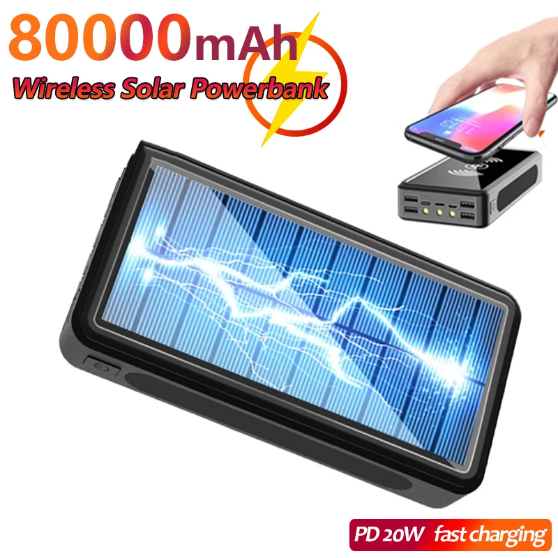 

80000mAh QI Solar Wireless Power Bank Outdoor Fast Charger Portable External Battery Power Bank for Xiaomi IPhone Samsung