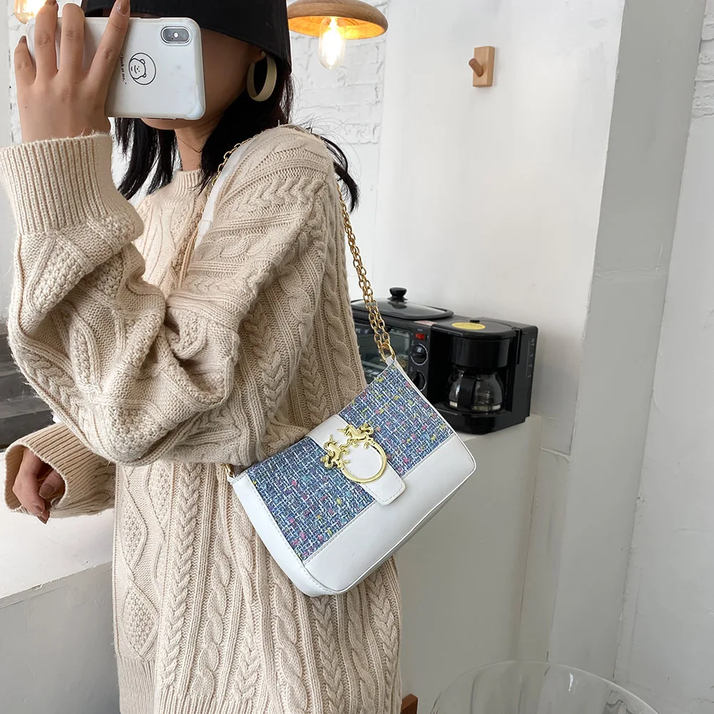 

Youth Ladies Simple Versatile Bag Women Woolen Splicing Messenger Bags Autumn Winter PU Chain Crossbody Satchel
