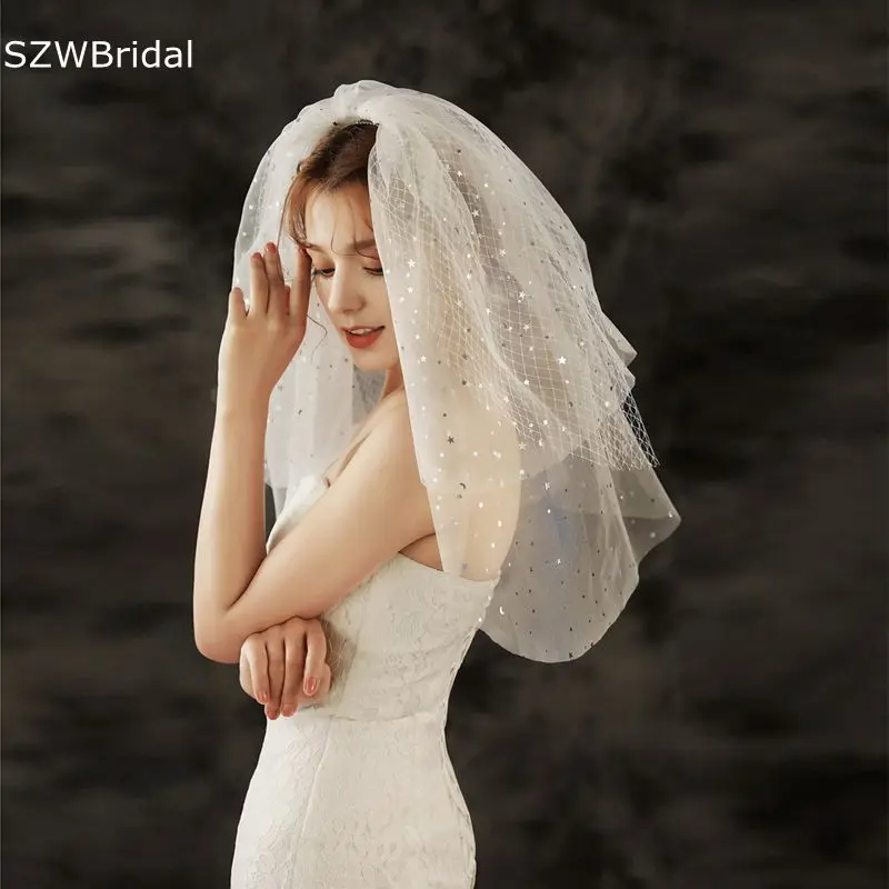 

New Arrival Short Bridal Veil Ivory Sequine Lace Wedding accessories Veu de noiva longo Cheap Wedding Veils Casamento