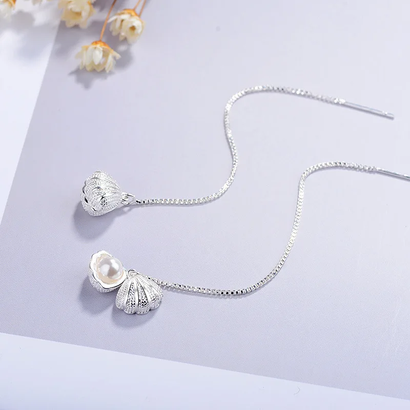 

Sweet Oversize Simulated Pearl Shell Long Tassel Earrings for Women Copper Chain Hanging Drop Earrings Romantic Wedding Jewelry