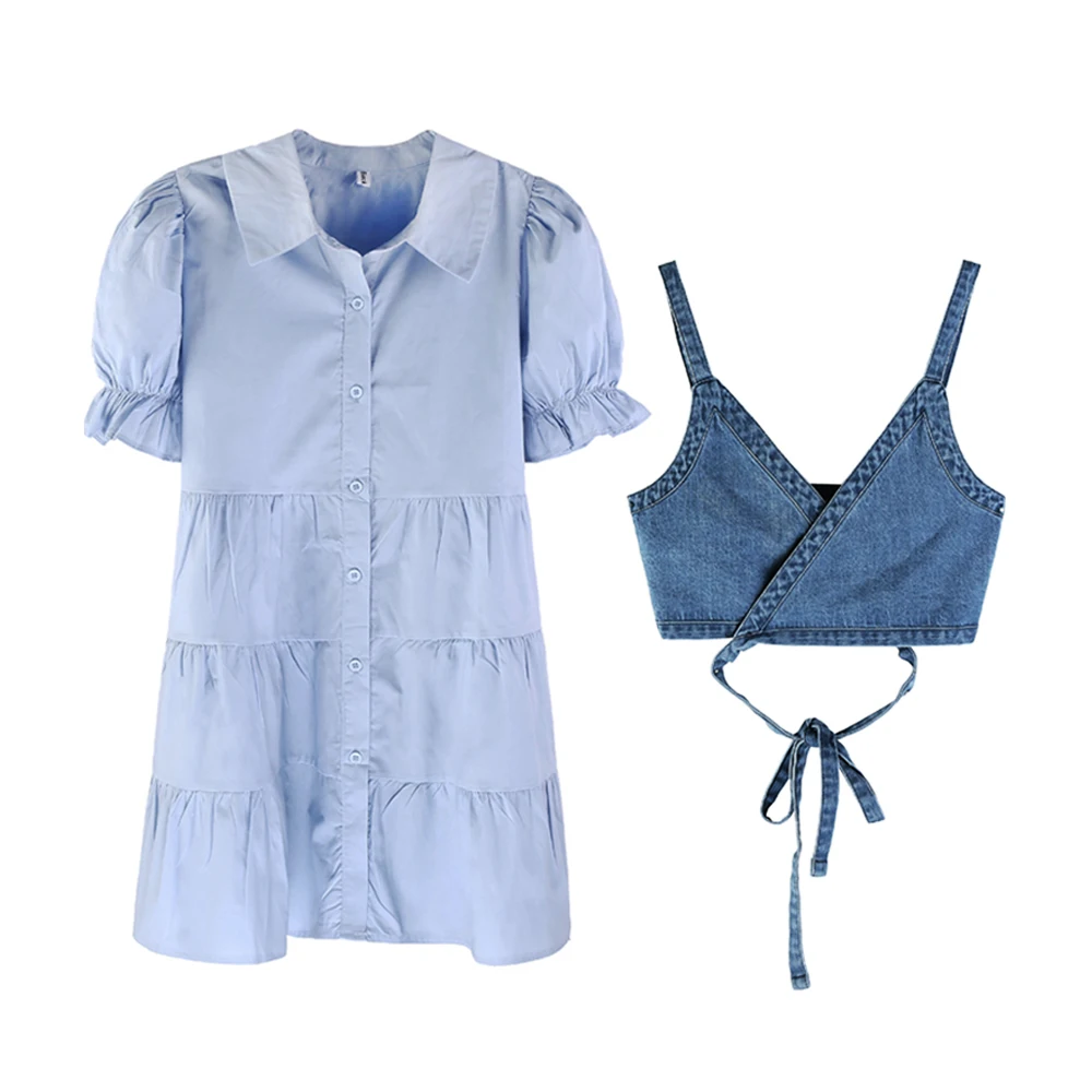 

2 Piece Set Women Summer High Waist Dress 2021 Denim Camisole + Mini Dress Elegant Puff Sleeve A-line Dress Vintage Slim Dresses