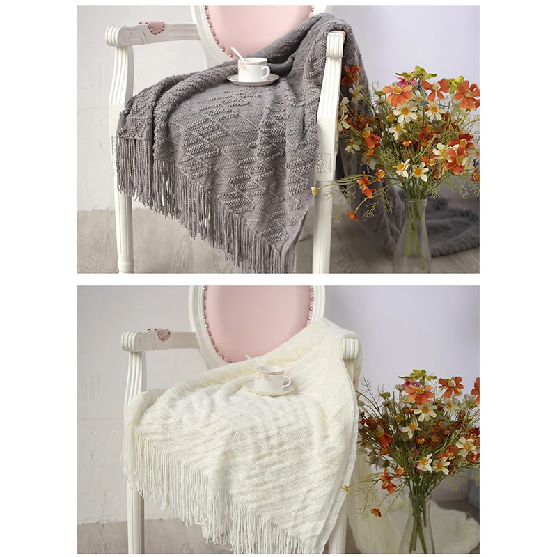 Одеяло с кисточками теплое вязаное одеяло однотонное для ребенка мягкое