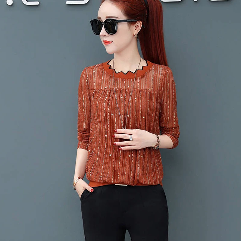 

New Women's Spring Autumn Loose Lace Shirts Casual Blouses Slight Transparent Long Sleeve Elegant O-Neck Women's Tops DF3247