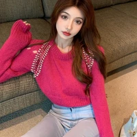 autumn diamonds knitted sweater pullovers women casual solid color o neck long sleeve knit sexy chic top female clothes