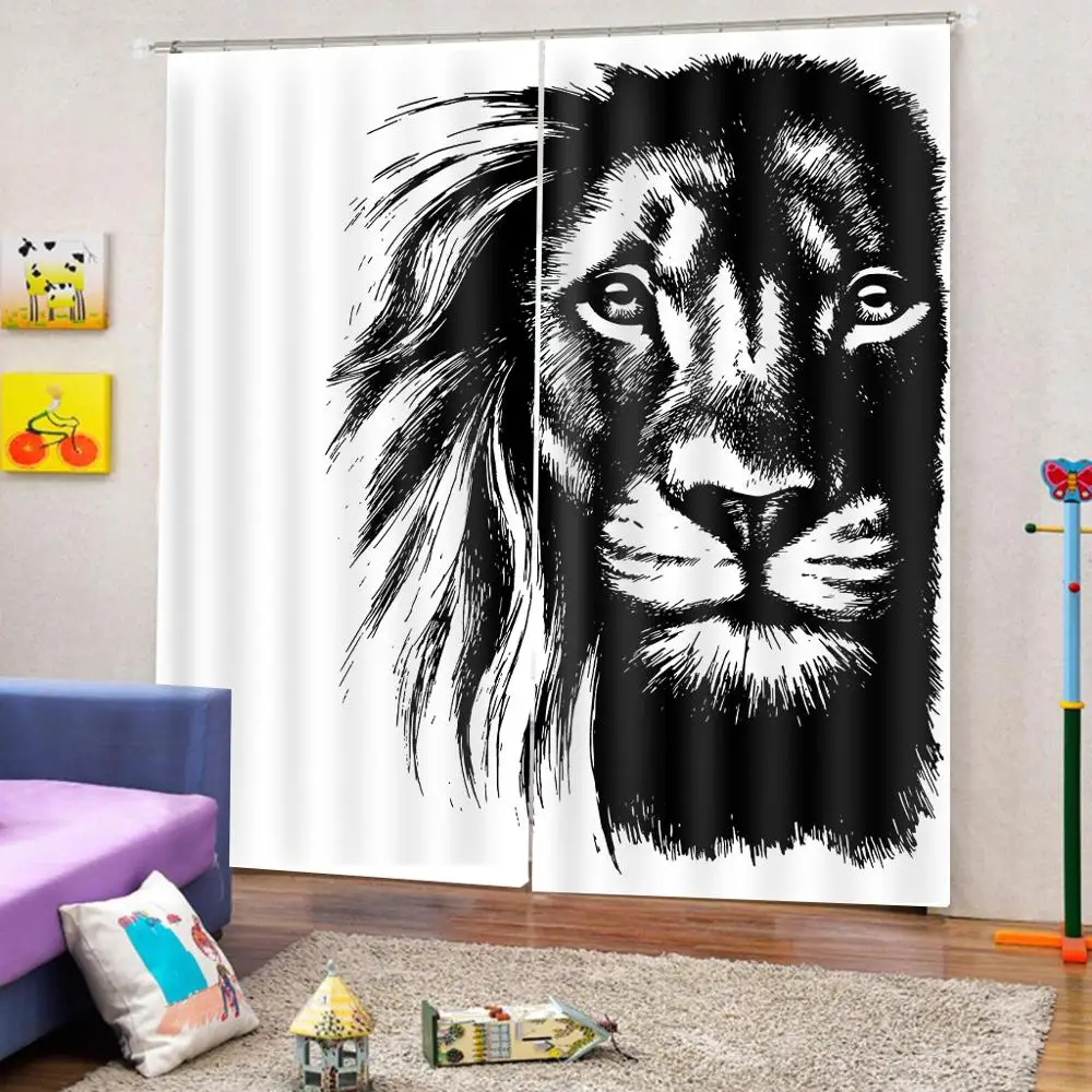 Занавеска для детской комнаты с изображением животных черного льва плотные