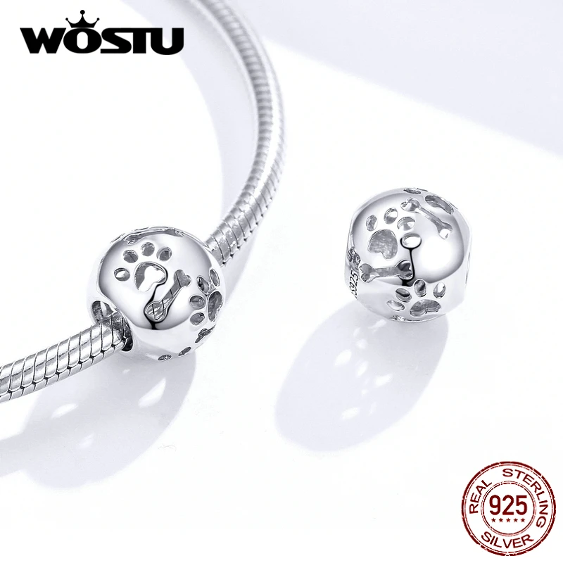 WOSTU 925 пробы серебро для домашнего любимца, кота бусины "следы" Ажурный круглый амулет, подходят к оригинальному браслету кулон Модные украшения CTC140