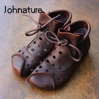 johnature ankle boots for women shoes summer sandals genuine leather 2021 new round toe sewing lace up handmade retro leisure