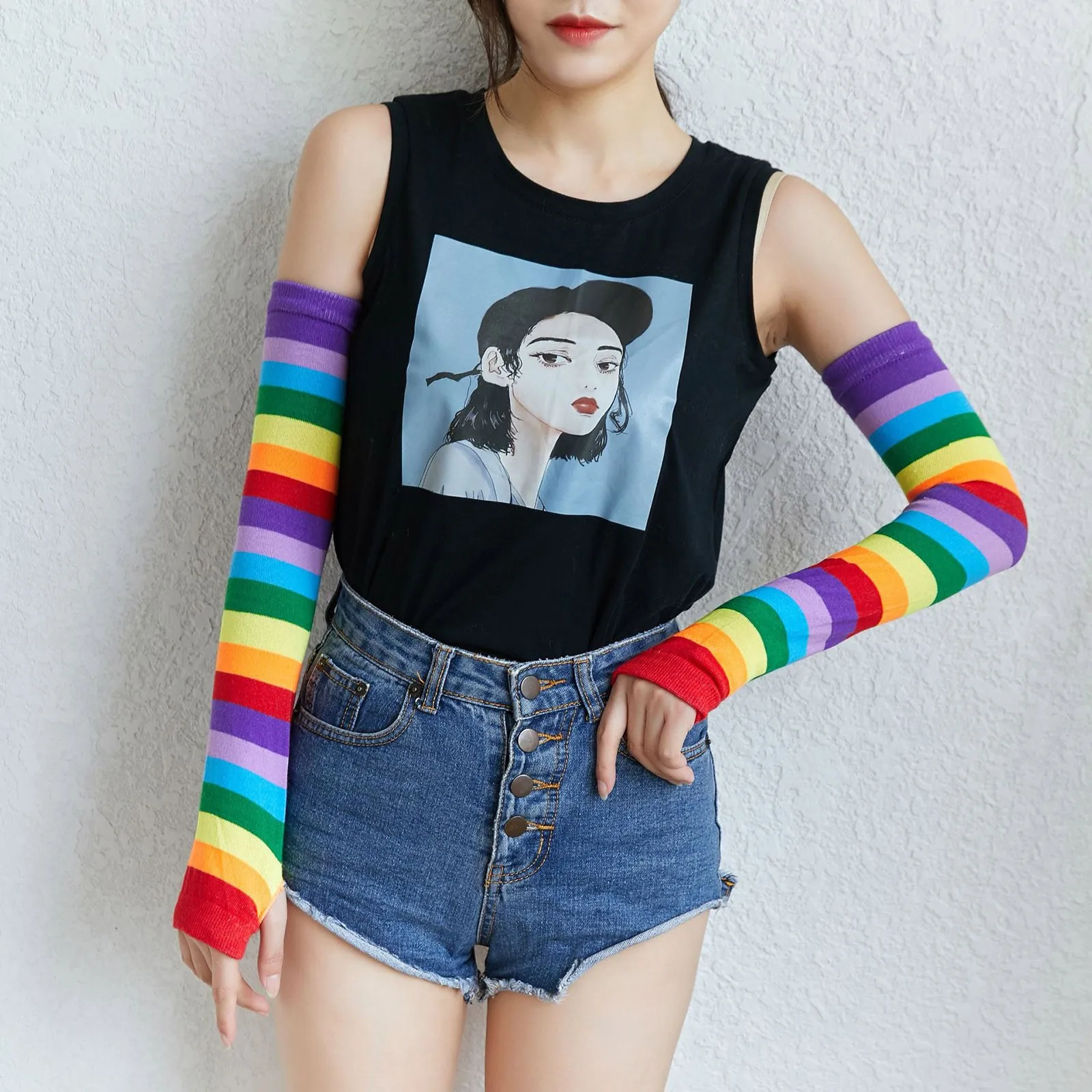 

Women Winter Elbow Length Fingerless Arm Sleeve Warmer Rainbow Colored Striped Knitted Sunscreen Girl Christmas Costume Gloves