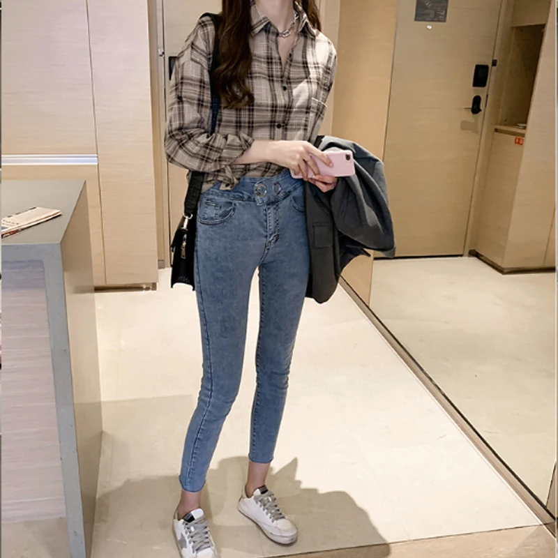 Повседневные женские рубашки, корейская модная одежда, blusas mujer de moda, свободные женские топы, офисные женские рубашки в клетку, женские 6858 50