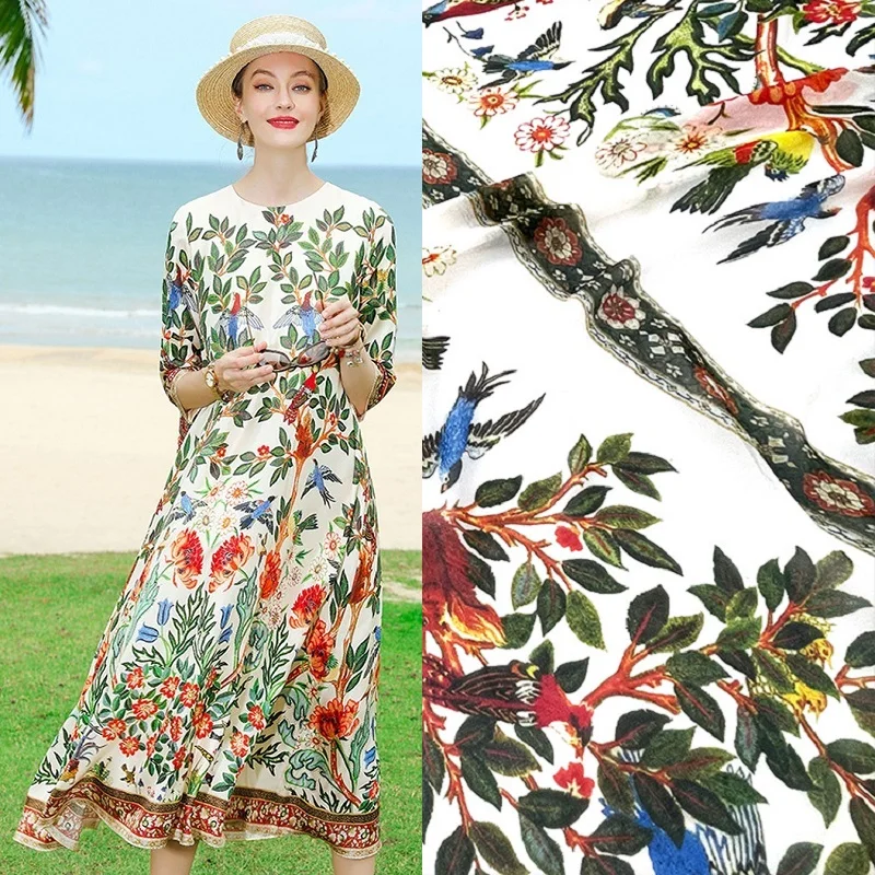 

Summer New Brand Round Neck Plant Flower Printing Positioning Dress Fabric Chemical Fiber Georgette Comfortable Sewing Designer