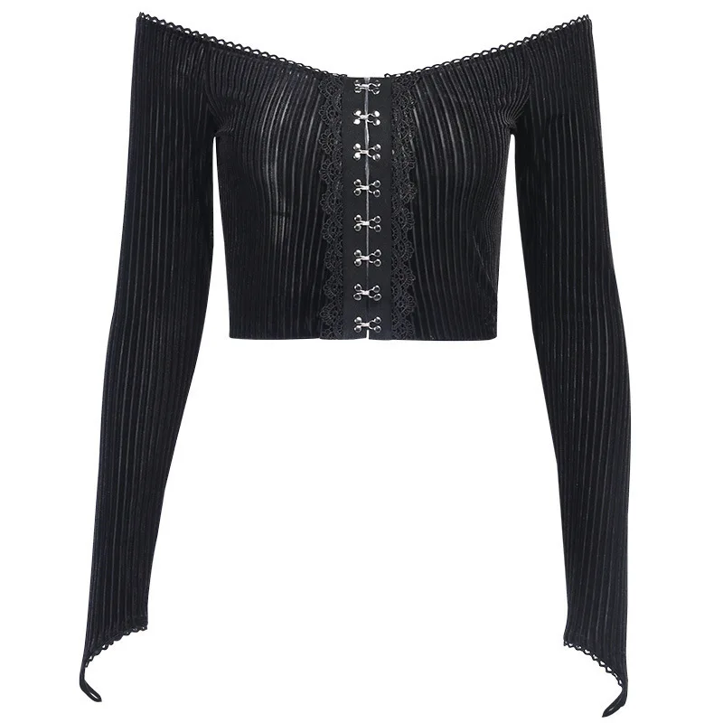 JIEZuoFang New Goth Off Shoulder Sexy Long Sleeve Crop Top Women Gothic Streetwear Black Straip Transparent Female Tops | Женская одежда