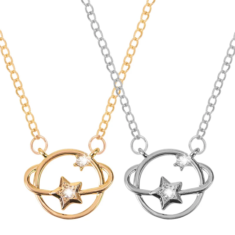 

Classic Fashion Ladies Necklace Simple Round Star Inlaid Rhinestone Pendant Planet Shape Alloy Girl Student Commemorative Gift